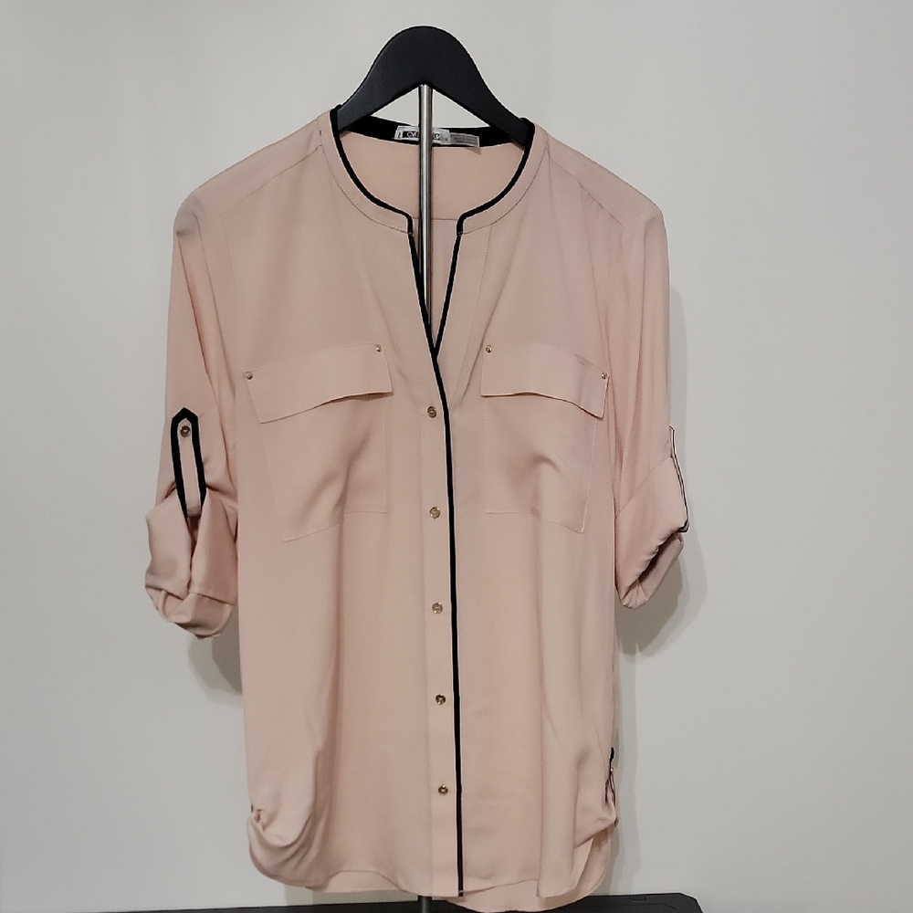 Calvin Klein Pink Button Down Blouse with Mandarin Collar